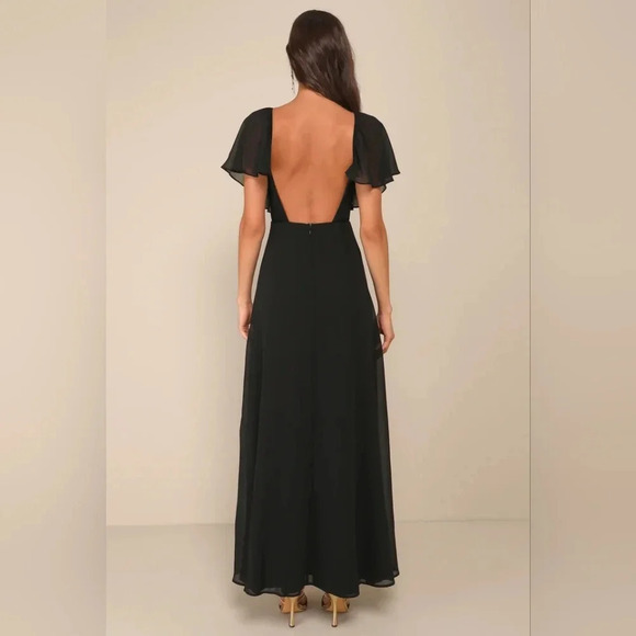 Lulu's Stunning Demeanor Black Flutter Sleeve Backless Maxi Dress M Wedding NWOT - Picture 5 of 11